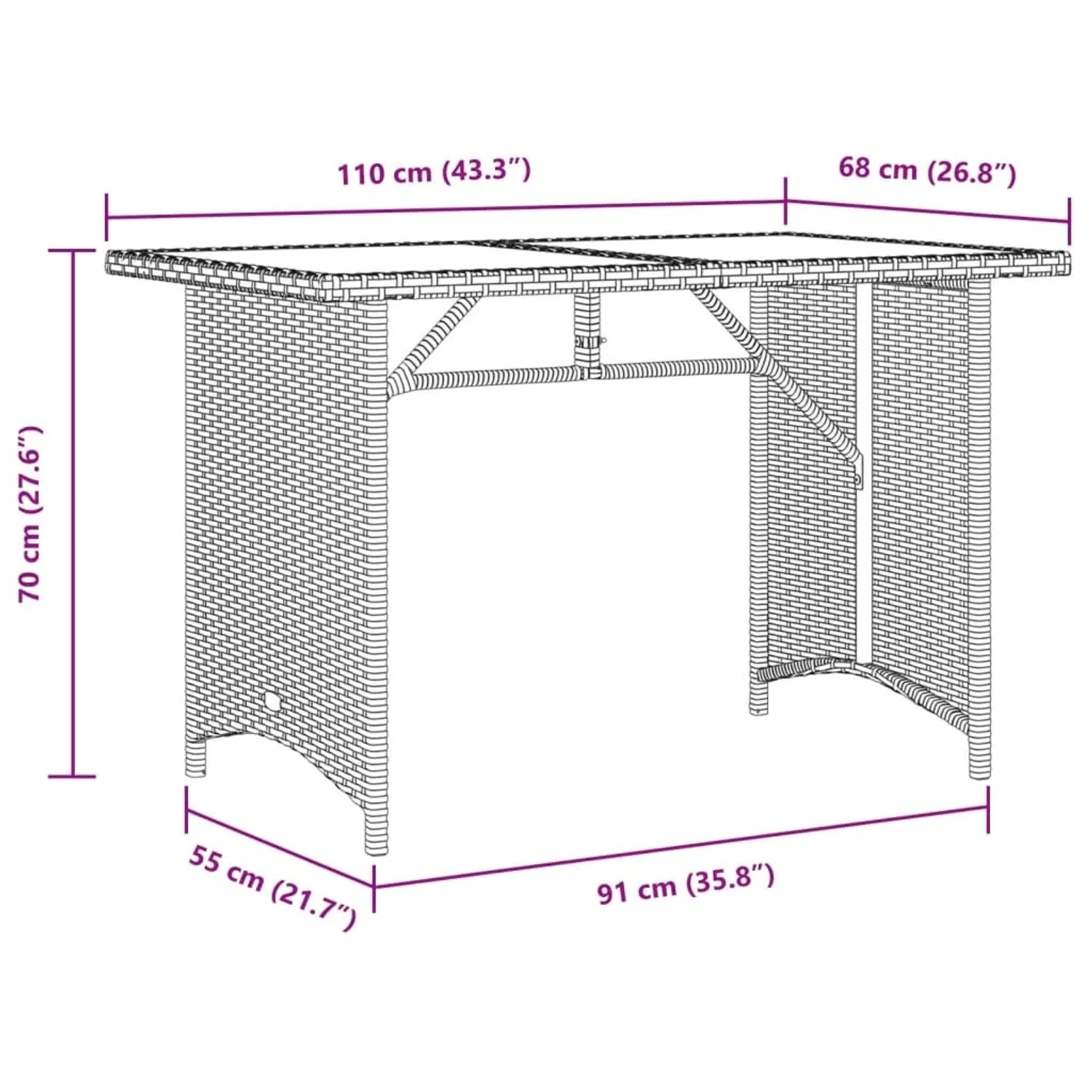 Schwarzer vidaXL Gartentisch mit Glasplatte, 110x68x70 cm, aus Poly Rattan.