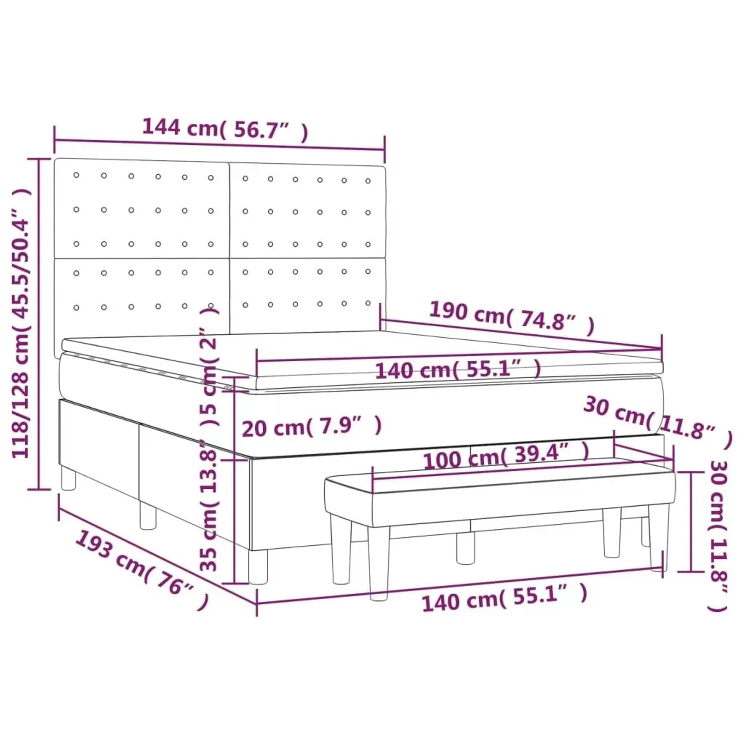 vidaXL Boxspringbett grau 140x190 mit Matratze und Bank, Maße