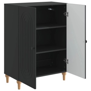 Schwarzes vidaXL Sideboard mit zwei offenen Türen, Regalen und Holzfüßen.