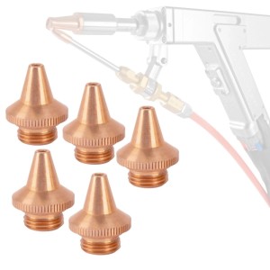 Fünf kupferfarbene STAHLWERK Schneiddüsen M8 x 15 mm für Laser-Schweißgeräte. Zubehör für Schweißbrenner.