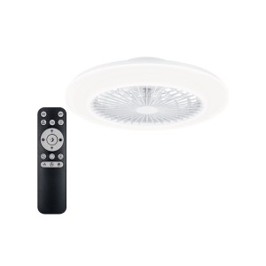 Weißer Philips Deckenventilator mit integrierter LED-Leuchte (49cm) und schwarzer Fernbedienung.
