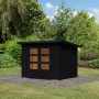 Schwarzes Karibu Gartenhaus Stockach 3 mit Doppeltür und Fenster im Garten.