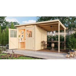 Karibu Holz-Gartenhaus Genf 3 mit Anbaudach, naturbelassenem Holz und Doppeltür.