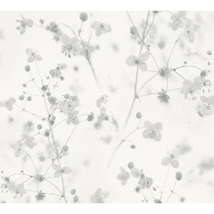 A.S. Création Vliestapete mit zarten Blumen in Weiß und Grau für ein Cottage Core Design.