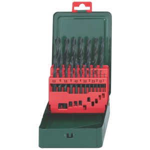 Metabo HSS-R Bohrerkassette, 19-teilig, mit HSS Metallbohrern in grüner Metallkassette.
