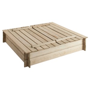 Quadratischer Sandkasten aus Holz mit Bänken, 120x120x27 cm, ideal für Kinder zum Spielen im Garten.