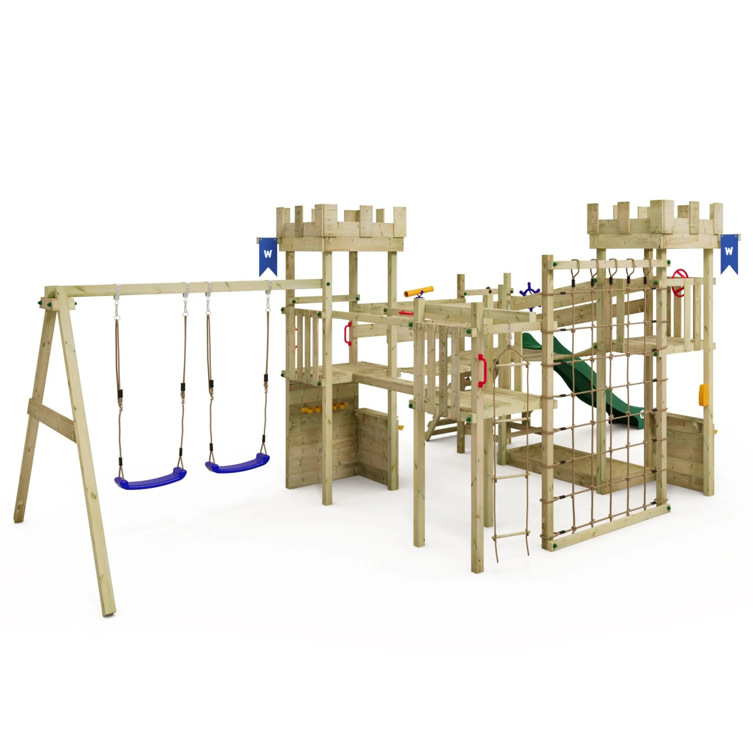 Wickey Spielturm Smart Arch mit grüner Rutsche, Schaukel und Kletterelementen.