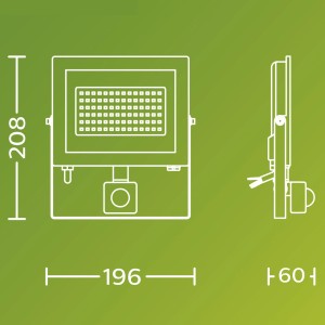 Skizze des Philips Outdoor Flutlicht Lois mit Bewegungssensor, Abmessungen in mm.