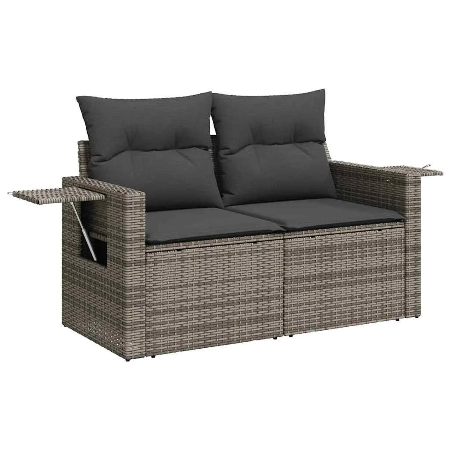 Graue vidaXL Garten-Sofagarnitur aus Rattan mit dunklen Kissen und Ablageflächen.