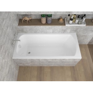 Weiße KOLMAN Rechteckbadewanne 170x70 cm aus Acryl mit Ablauf, Wannenträger und Füßen, im modernen Bad installiert.