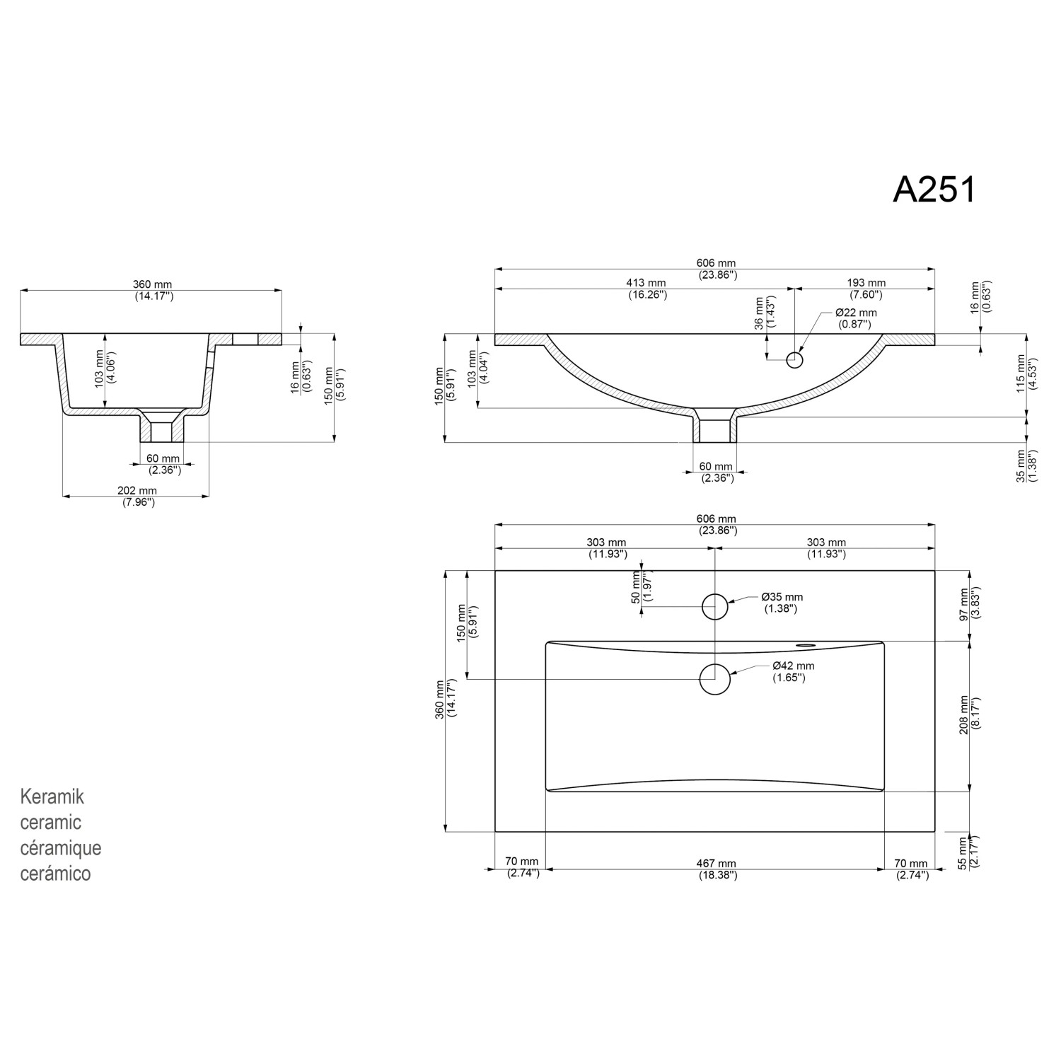 Technische Zeichnung Badmöbel Portus 600 SlimLine von Posseik mit Maßen.