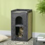 Grauer PawHut Katzenturm mit Kratzbrett, zwei Höhlen und einer Katze darin.