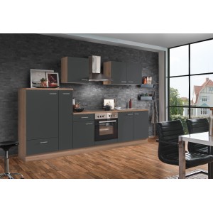Moderne Menke Küchenzeile Artisan Classic 300 cm in Graphit/Artisan-Eiche-Optik mit E-Geräten.