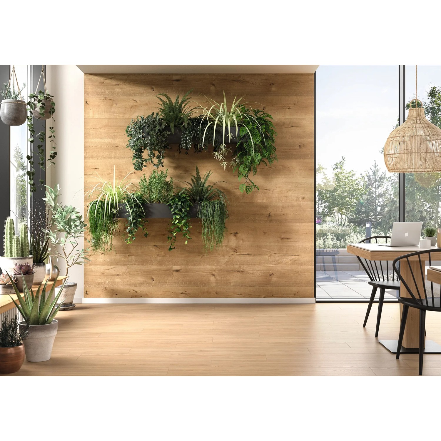 Wandverkleidung Egger Decowall Eiche Loveland im Wohnraum mit Pflanzenwand.