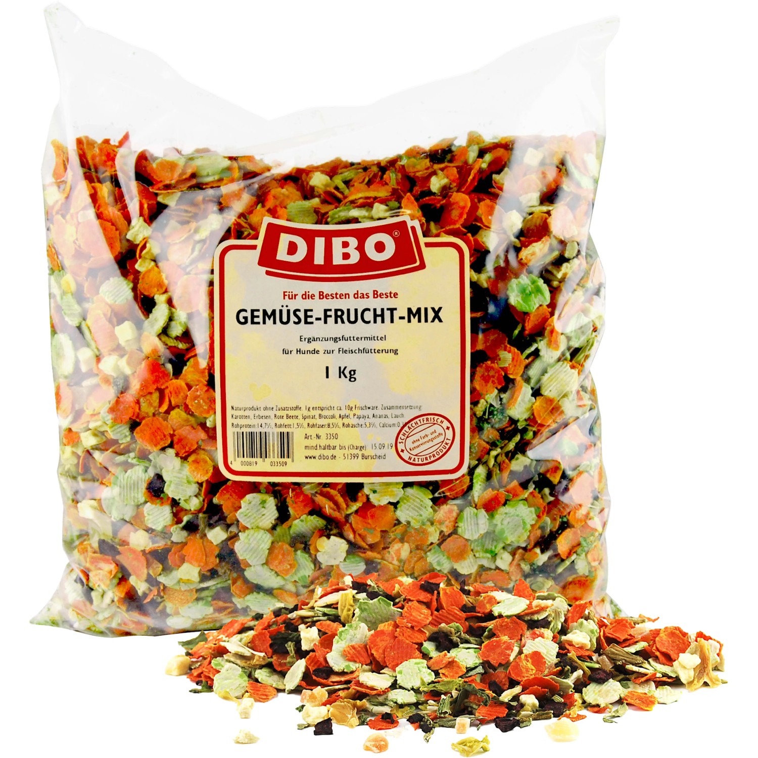 Dibo Hunde-Ergänzungsfutter Gemüse-Frucht-Mix, 1 kg, im transparenten Beutel. Ergänzungsfuttermittel für Hunde.