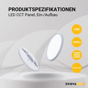 Runde, weiße ENOVALITE LED Aufbauleuchte/Deckenleuchte mit CCT-Funktion (3000K, 4000K, 6000K) und 18W Leistung.