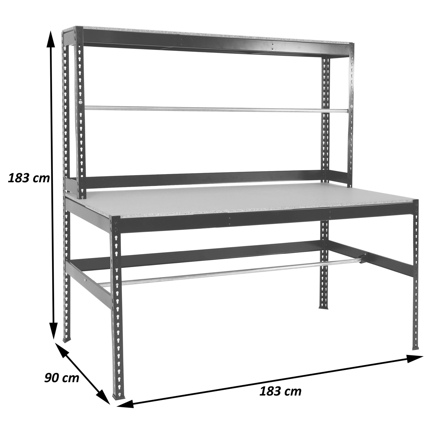 Schwarze MCW Packstation J84 aus Stahl, 183x183x90cm, mit Ablageflächen und Rollenhaltern.