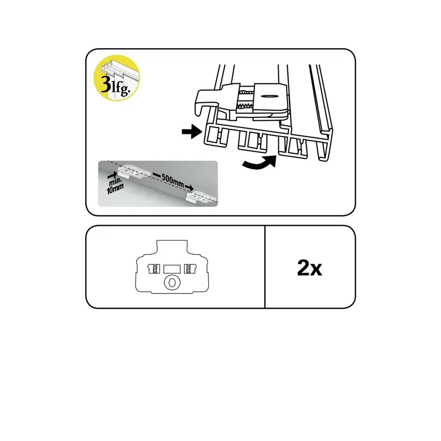 Gardinia Deckenclip für 3-läufige Flächenvorhangschiene, 2er-Pack, weiße Kunststoffhalterung.