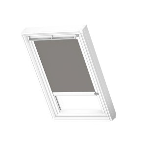 Velux Verdunkelungsrollo DML C02 Grau-Weiß für Dachfenster mit seitlichen Führungsschienen.