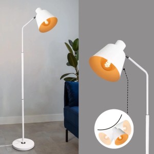 Weiße Vintage-Stehlampe aus Metall für Wohnzimmer, höhenverstellbar, mit goldener Innenseite und E27-Fassung.