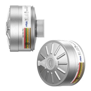 Zwei silberne Dräger Kombinationsfilter ABEK2 Hg P3 R D. Zylindrische Aluminium-Staubfilter für Atemschutzmasken mit Rd40 Anschluss.
