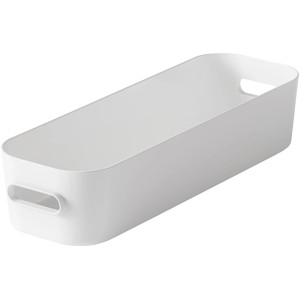 Weiße SmartStore Compact Slim Aufbewahrungsbox mit Griffen, ideal für Bad, Büro und Küche.