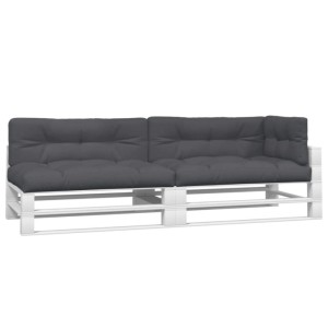 Anthrazitfarbene Palettenkissen für ein 3-Sitzer Palettensofa. Bequeme Sitz- und Rückenkissen aus Stoff für Gartenmöbel.