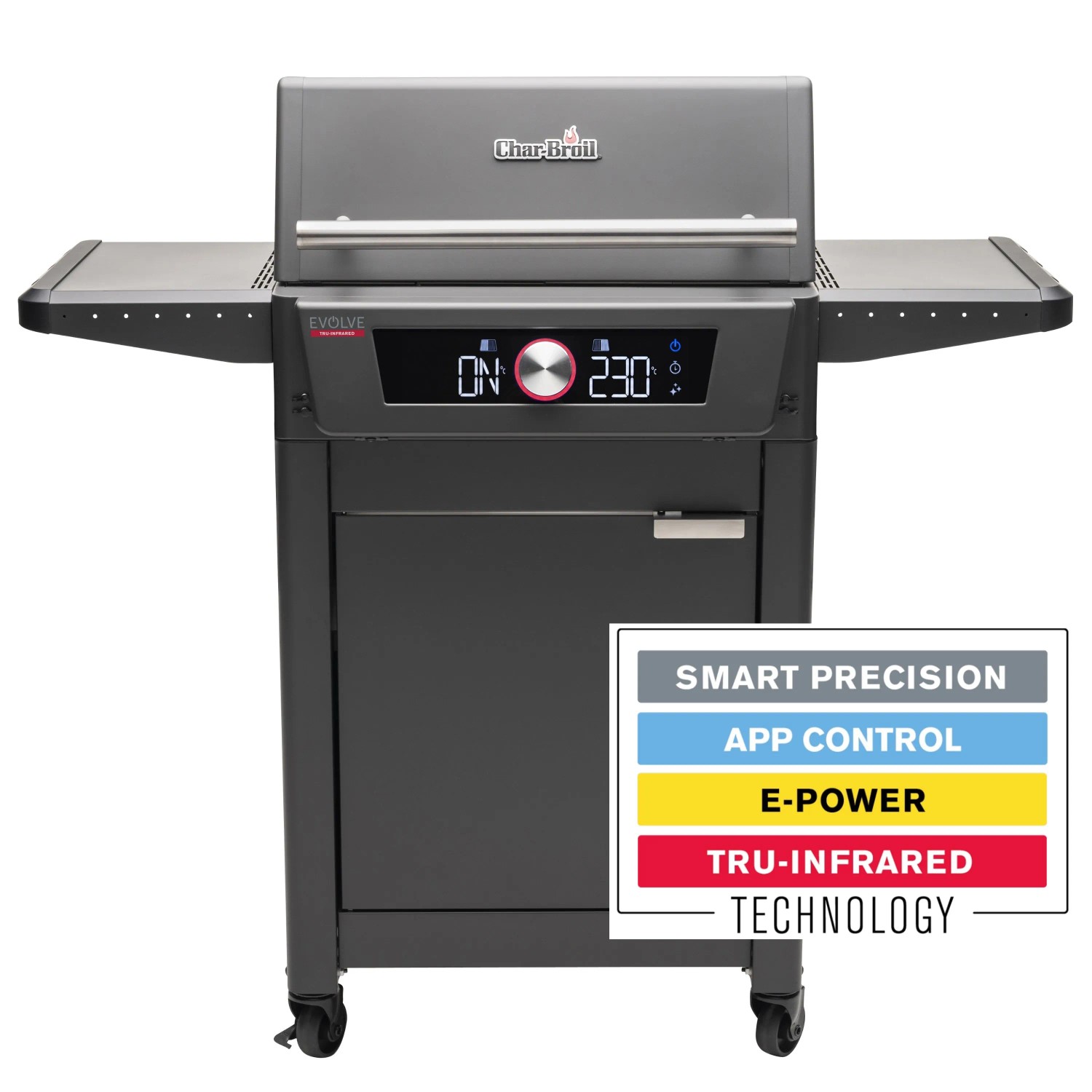 Char-Broil Evolve Elektrogrill mit App-Steuerung und Dualzone. Grill mit digitalem Display und Seitenablagen.