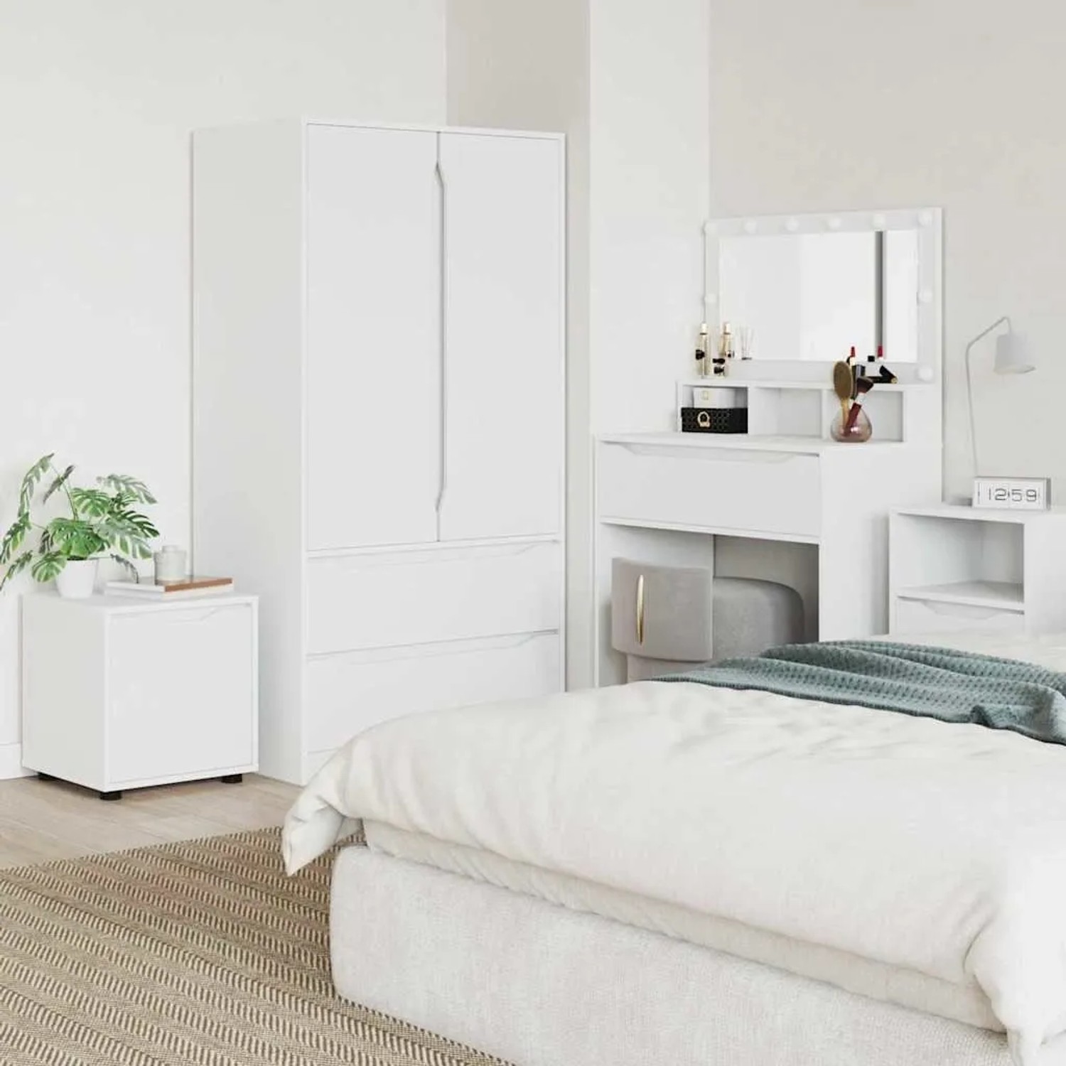 Weißer vidaXL Badezimmerschrank aus Holzwerkstoff, kompakt, mit Stauraum, minimalistisches Design, im Schlafzimmer.