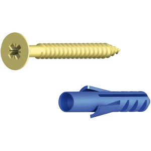 Verzinkte Messing Schraube 3x30 mm mit blauem Dübel, 10er Set für Möbelschrauben.