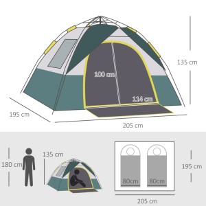 Abbildung des Outsunny Zeltes für 3 Personen mit Maßangaben, ideal für Camping.