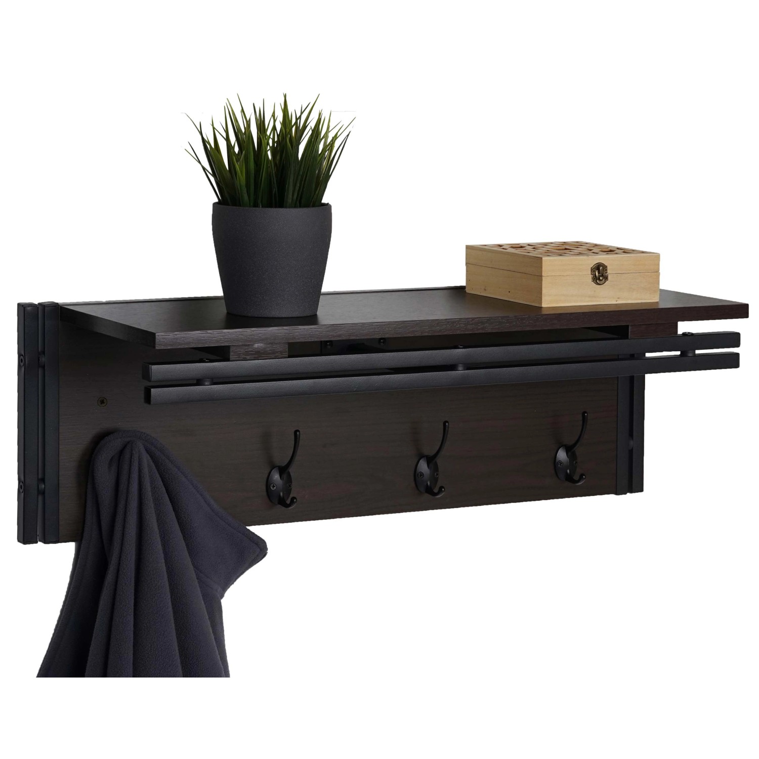 MCW Wandgarderobe A27 in Dunkelbraun mit 4 Haken, Ablage und 3D-Struktur.