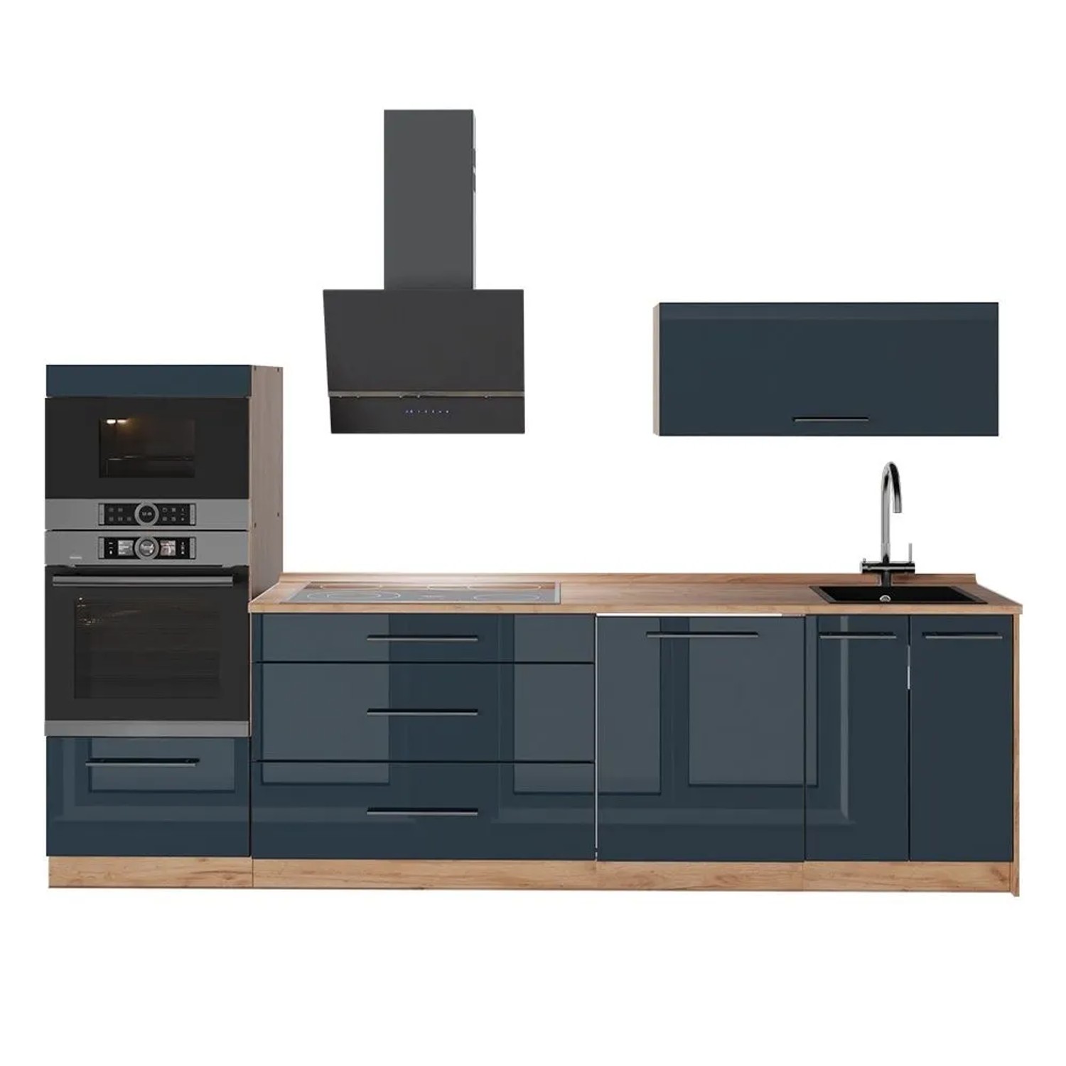 Vicco Küchenzeile Fame-Line Dunkelblau Hochglanz/Goldkraft Eiche 280 x 154 AP Eiche Art Nr 65774