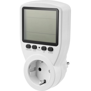 Weißes Energiekostenmessgerät mit Display zur Verbrauchsmessung.