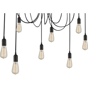 Schwarze Globo Pendelleuchte MARACANA mit acht Edison-Glühbirnen an Textilkabeln.
