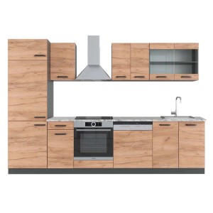 Moderne Küchenzeile in Eiche Goldkraft/Anthrazit mit Marmor Arbeitsplatte, 300 cm breit.