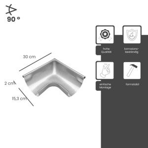 Zambelli Rinnenwinkel 90 Grad, halbrund, außen, aus Zink in Silber. Korrosionsbeständig, formstabil für Metall-Dachrinnen.