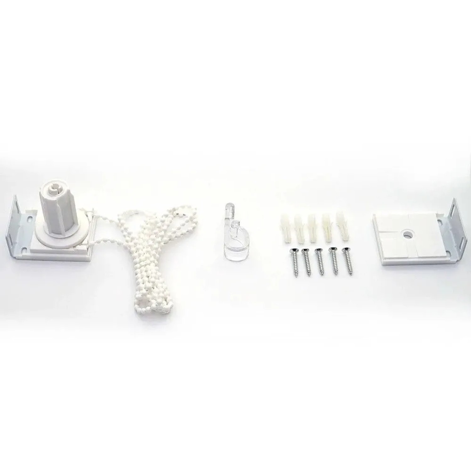 Weißes Montageset für MCW Rollo D52: Kettenzug, Kindersicherung, Schrauben und Halterung zur Bohrmontage.