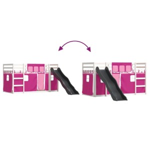 vidaXL Etagenbett mit Rutsche und rosa Gardinen, 90x190 cm. Kinderbett mit Spielvorhang.