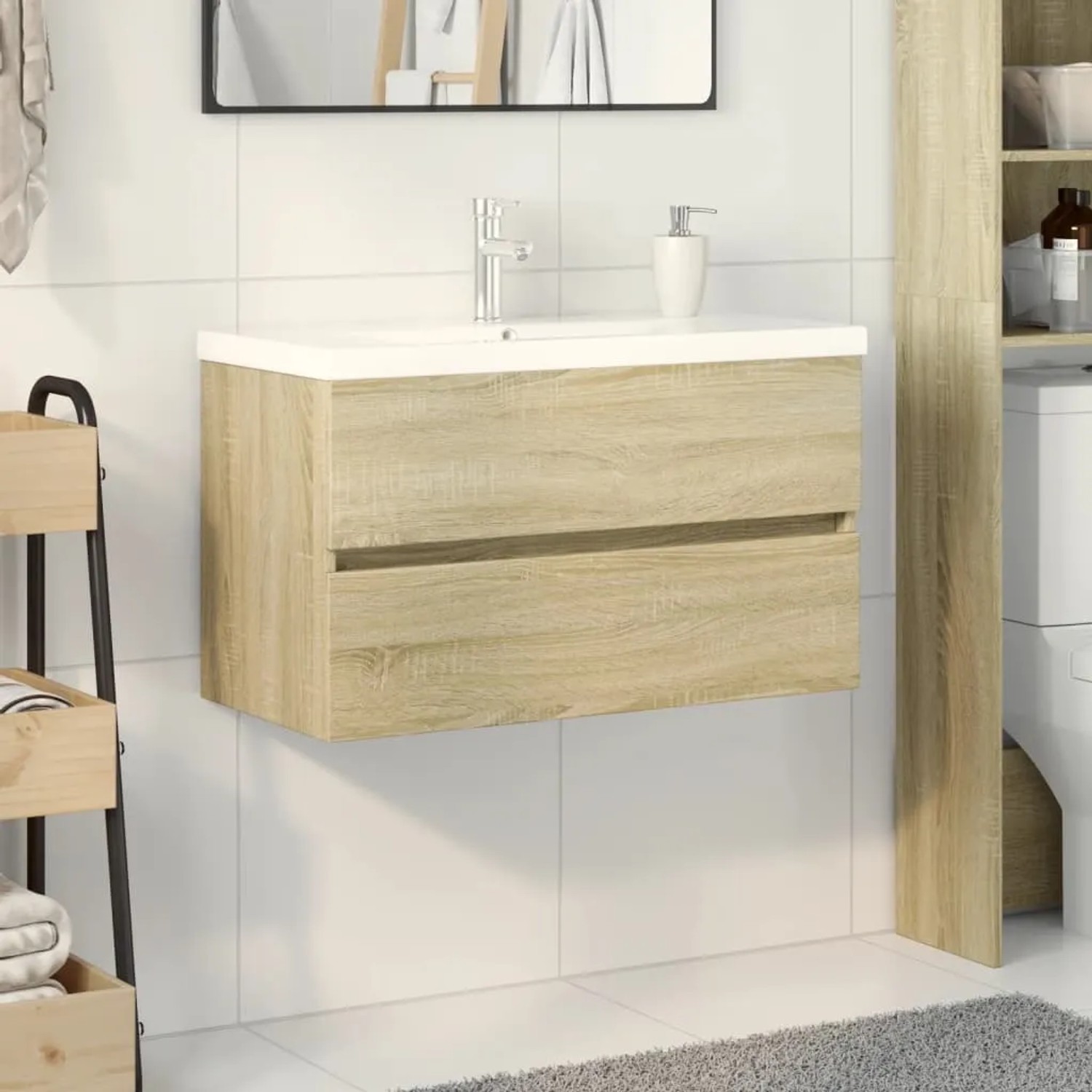 vidaXL Badmöbel-Set, 2-teilig, Sonoma Eiche mit Keramikwaschbecken und zwei Schubladen.