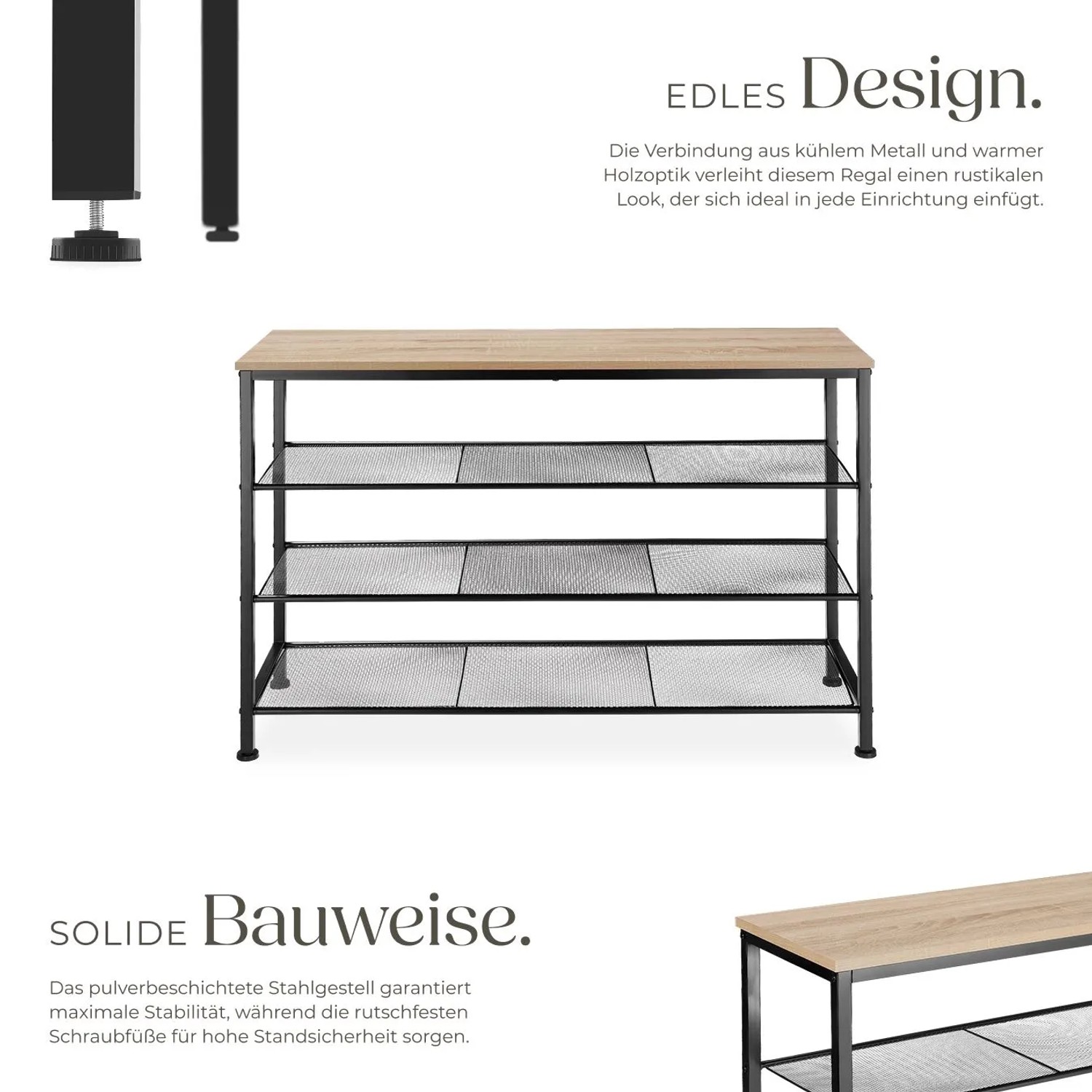 Tectake Schuhregal Portsmouth Industrial Style Holz und Stahl 100 x 30 50 x 72 50 cm Industrial Holz Hell Eiche Sonoma_3