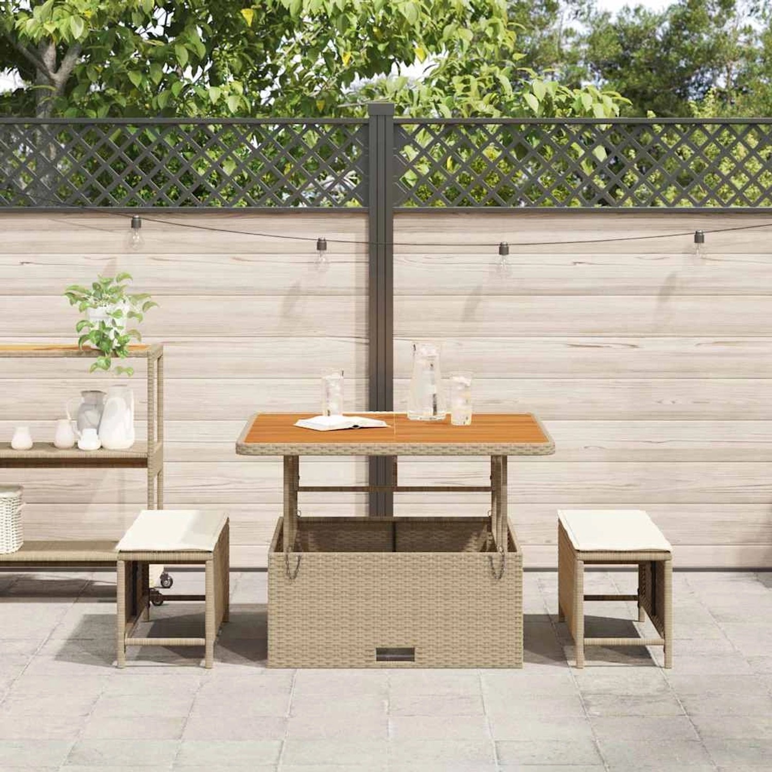 Beige 3-tlg. vidaXL Garten Essgruppe aus Poly Rattan mit Tisch und Hockern.