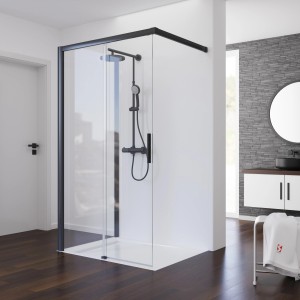Schulte Walk In Schiebetür mit Seitenwand, mattschwarzer Rahmen, 100x90x200 cm, barrierefreie Duschlösung.