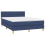 Blaues Boxspringbett (140x200 cm) mit Matratze und Stoffbezug.