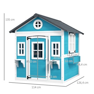 Outsunny Kinderspielhaus aus Holz in Blau-Weiß-Grau mit Fenster und Blumenkästen, geeignet für Kinder von 3-8 Jahren.