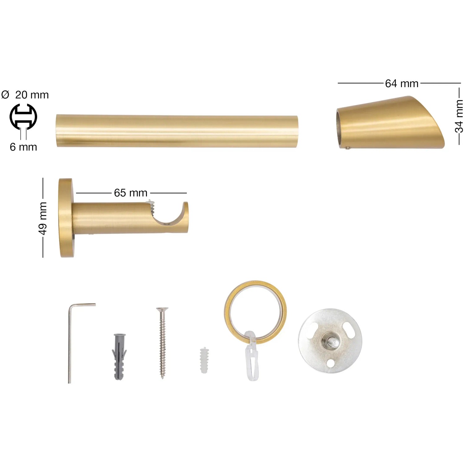 Mydeco Gardinenstange Messing, 100cm, mit Zubehör wie Träger, Endstück Rag und Ringe.