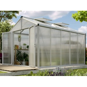 Vitavia Gewächshaus Zeus Comfort 10000 mit Alu-Rahmen und geöffneten Doppeltüren.