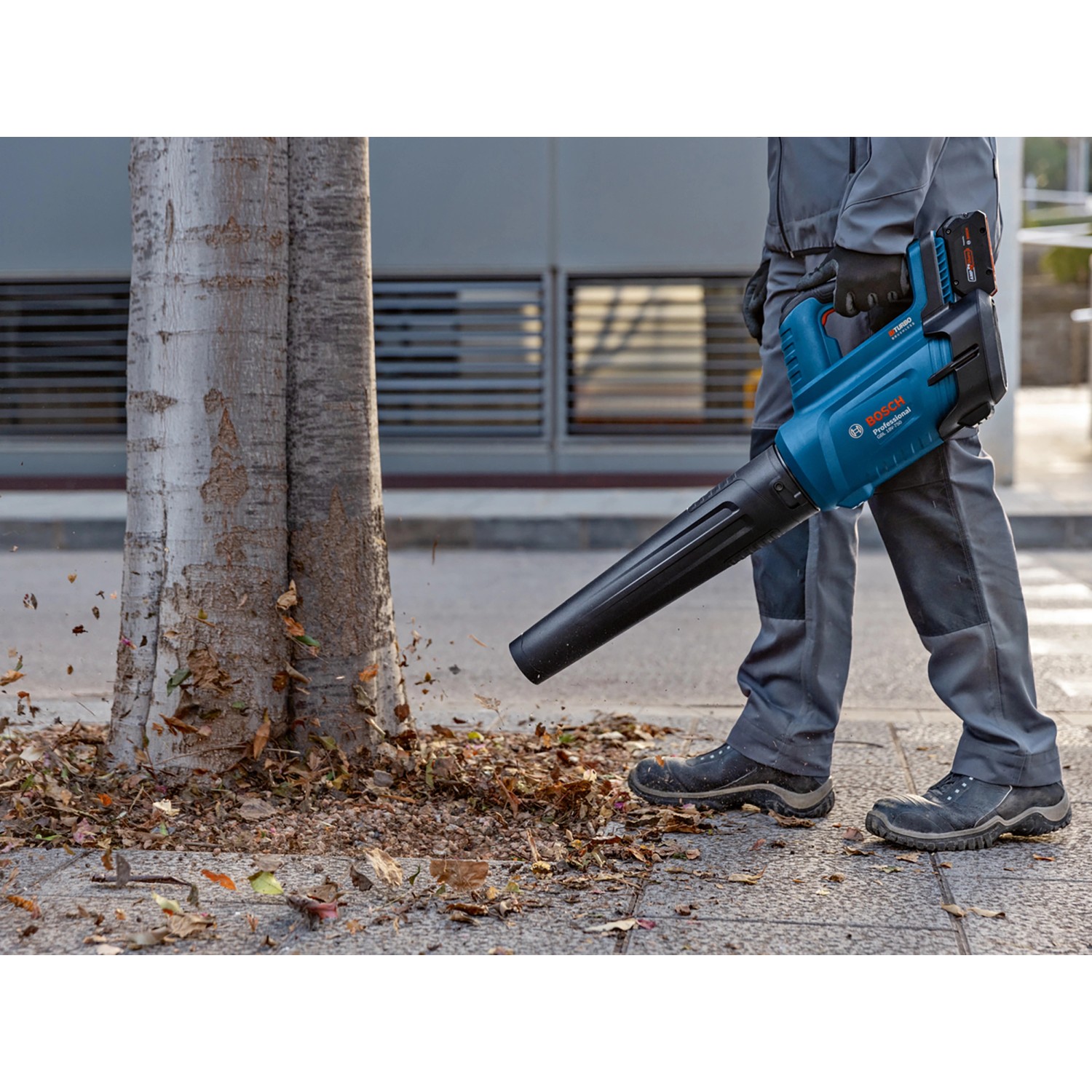 Bosch Professional Akku-Laubbläser GBL 18V-750 Solo im Einsatz zum Entfernen von Laub.