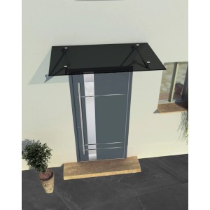Graues Glasvordach 120x90 cm aus VSG-Glas mit Edelstahlhaltern über einer Haustür.