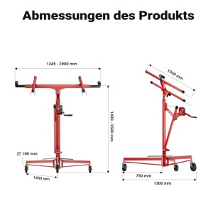 Technisches Diagramm des roten Wiltec Plattenhebers mit Maßen. Höhenverstellbar 140-350 cm, Breite bis 290 cm für Trockenbau.